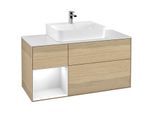 Villeroy und Boch Finion Waschtischunterschrank F161GFPC 120cm, Abdeckplatte white matt, Regal links Glossy white lacquer, Oak Veneer