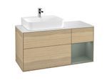 Villeroy und Boch Finion Waschtischunterschrank G151GMPC 120cm, Abdeckplatte white matt, Emotion, Regal links Olive Matt Lacquer, Oak Veneer