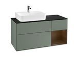 Villeroy und Boch Finion Waschtischunterschrank G152GNGM 120cm, Abdeckplatte black matt, Emotion, Regal links Walnut veneer, Olive Matt Lacquer