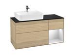 Villeroy und Boch Finion Waschtischunterschrank F152MTPC 120cm, Abdeckplatte black matt, Regal rechts White matt lacquer, Oak Veneer
