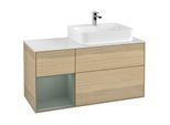 Villeroy und Boch Finion Waschtischunterschrank G141GMPC 120cm, Abdeckplatte white matt, Emotion, Regal links Olive Matt Lacquer, Oak Veneer