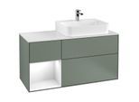 Villeroy und Boch Finion Waschtischunterschrank F141GFGM 120cm, Abdeckplatte glass white Matt, Regal links Glossy white lacquer, Olive Matt Lacquer