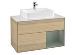Villeroy und Boch Finion Waschtischunterschrank F121GMPC 100cm, Abdeckplatte weiß matt, Regal rechts Olive Matt Lacquer, Oak Veneer