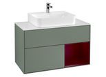 Villeroy und Boch Finion Waschtischunterschrank F121HBGM 100cm, Abdeckplatte weiß matt, Regal rechts Peony, Olive Matt Lacquer