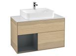 Villeroy und Boch Finion Waschtischunterschrank G111HGPC 100cm, Abdeckplatte white matt, Emotion, Regal links Midnight Blue Matt Lacquer, Oak Veneer
