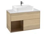 Villeroy und Boch Finion Waschtischunterschrank G111GNPC 100cm, Abdeckplatte white matt, Emotion, Regal links Walnut veneer, Oak Veneer