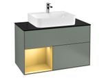 Villeroy und Boch Finion Waschtischunterschrank G112HFGM 100cm, Abdeckplatte black matt, Emotion, Regal links Gold matt, Olive Matt Lacquer