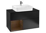 Villeroy und Boch Finion Waschtischunterschrank F112GNPD 100cm, Abdeckplatte white matt, Regal links Walnut veneer, Black matt lacquer