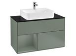 Villeroy und Boch Finion Waschtischunterschrank F112GMGM 100cm, Abdeckplatte white matt, Regal links Olive Matt Lacquer, Olive Matt Lacquer