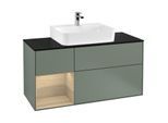 Villeroy und Boch Finion Waschtischunterschrank G162PCGM 120cm, Abdeckplatte black matt, Emotion, Regal links Oak Veneer, Olive Matt Lacquer