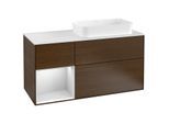 Villeroy und Boch Finion Waschtischunterschrank F271MTGN 120cm, Abdeckplatte white matt, Regal links White matt lacquer, Walnut veneer