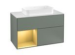 Villeroy und Boch Finion Waschtischunterschrank F241HFGM 100x60,3cm, Abdeckplatte white matt, Regal links Gold matt, Olive Matt Lacquer