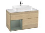 Villeroy und Boch Finion Waschtischunterschrank G361GMPC 100cm, Abdeckplatte white matt, Emotion, Regal links Olive Matt Lacquer, Oak Veneer