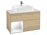 Villeroy und Boch Finion Waschtischunterschrank F111GFPC 100cm, Abdeckplatte black matt, Regal links Glossy white lacquer, Oak Veneer