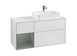 Villeroy und Boch Finion Waschtischunterschrank G391GMMT 120cm, Abdeckplatte white matt, Emotion, Regal links Olive Matt Lacquer, White matt lacquer
