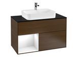 Villeroy und Boch Finion Waschtischunterschrank G362GFGN 100cm, Abdeckplatte black matt, Emotion, Regal links Glossy white lacquer, Walnut veneer