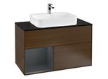 Villeroy und Boch Finion Waschtischunterschrank G362HGGN 100cm, Abdeckplatte black matt, Emotion, Regal links Midnight Blue Matt Lacquer, Walnut veneer