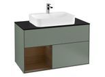 Villeroy und Boch Finion Waschtischunterschrank G362GNGM 100cm, Abdeckplatte black matt, Emotion, Regal links Walnut veneer, Olive Matt Lacquer