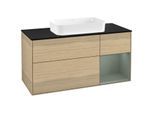Villeroy und Boch Finion Waschtischunterschrank F302GMPC 120cm, Abdeckplatte black matt, Regal rechts Olive Matt Lacquer, Oak Veneer