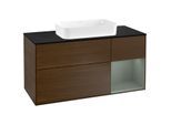 Villeroy und Boch Finion Waschtischunterschrank F302GMGN 120cm, Abdeckplatte black matt, Regal rechts Olive Matt Lacquer, Walnut veneer