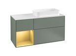 Villeroy und Boch Finion Waschtischunterschrank F271HFGM 120cm, Abdeckplatte white matt, Regal links Gold matt, Olive Matt Lacquer