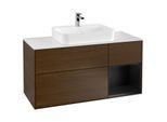 Villeroy und Boch Finion Waschtischunterschrank F421PDGN 120cm, Abdeckplatte white matt, Regal rechts Black matt lacquer, Walnut veneer