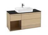 Villeroy und Boch Finion Waschtischunterschrank F412GNPC 120cm, Abdeckplatte black matt, Regal links Walnut veneer, Oak Veneer