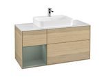 Villeroy und Boch Finion Waschtischunterschrank G411GMPC 120cm, Abdeckplatte white matt, Emotion, Regal links Olive Matt Lacquer, Oak Veneer