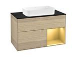 Villeroy und Boch Finion Waschtischunterschrank G252HFPC 100cm, Abdeckplatte black matt, Emotion, Regal rechts Gold matt, Oak Veneer