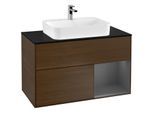 Villeroy und Boch Finion Waschtischunterschrank G372GKGN 100cm, Abdeckplatte black matt, Emotion, Regal rechts Anthracite matt, Walnut veneer