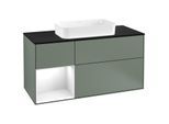 Villeroy und Boch Finion Waschtischunterschrank F292GFGM 120cm, Abdeckplatte black matt, Regal links Glossy white lacquer, Olive Matt Lacquer