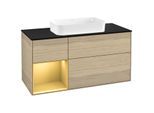 Villeroy und Boch Finion Waschtischunterschrank F292HFPC 120cm, Abdeckplatte black matt, Regal links Gold matt, Oak Veneer