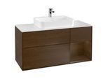 Villeroy und Boch Finion Waschtischunterschrank G421GNGN 120cm, Abdeckplatte white matt, Emotion, Regal rechts Walnut veneer, Walnut veneer