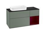 Villeroy und Boch Finion Waschtischunterschrank F282HBGM 120cm, Abdeckplatte black matt, Regal rechts Peony, Olive Matt Lacquer