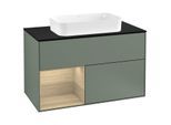 Villeroy und Boch Finion Waschtischunterschrank F242PCGM 100x60,3cm, Abdeckplatte black matt, Regal links Oak Veneer, Olive Matt Lacquer