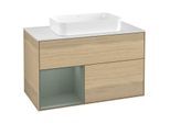 Villeroy und Boch Finion Waschtischunterschrank F241GMPC 100x60,3cm, Abdeckplatte white matt, Regal links Olive Matt Lacquer, Oak Veneer