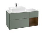 Villeroy und Boch Finion Waschtischunterschrank F151GNGM 120cm, Abdeckplatte white matt, Regal rechts Walnut veneer, Olive Matt Lacquer