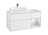 Villeroy und Boch Finion Waschtischunterschrank F151MTGF 120cm, Abdeckplatte white matt, Regal rechts White matt lacquer, Glossy white lacquer