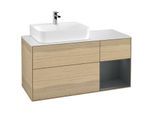 Villeroy und Boch Finion Waschtischunterschrank F151HGPC 120cm, Abdeckplatte white matt, Regal rechts Midnight Blue Matt Lacquer, Oak Veneer