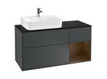 Villeroy und Boch Finion Waschtischunterschrank F152GNHG 120cm, Abdeckplatte black matt, Regal rechts Walnut veneer, Midnight Blue Matt Lacquer