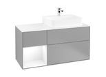 Villeroy und Boch Finion Waschtischunterschrank F141MTGK 120cm, Abdeckplatte glass white Matt, Regal links White matt lacquer, Anthracite matt