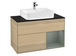 Villeroy und Boch Finion Waschtischunterschrank G122GMPC 100cm, Abdeckplatte black matt, Emotion, Regal rechts Olive Matt Lacquer, Oak Veneer