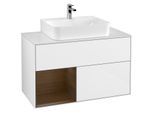 Villeroy und Boch Finion Waschtischunterschrank G111GNGF 100cm, Abdeckplatte white matt, Emotion, Regal links Walnut veneer, Glossy white lacquer