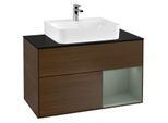 Villeroy und Boch Finion Waschtischunterschrank F122GMGN 100cm, Abdeckplatte black matt, Regal rechts Olive Matt Lacquer, Walnut veneer
