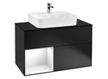 Villeroy und Boch Finion Waschtischunterschrank G112GFPD 100cm, Abdeckplatte black matt, Emotion, Regal links Glossy white lacquer, Black matt lacquer