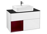 Villeroy und Boch Finion Waschtischunterschrank G112HBGF 100cm, Abdeckplatte black matt, Emotion, Regal links Peony, Glossy white lacquer