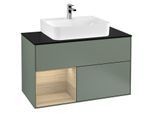 Villeroy und Boch Finion Waschtischunterschrank G112PCGM 100cm, Abdeckplatte black matt, Emotion, Regal links Oak Veneer, Olive Matt Lacquer