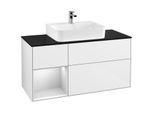 Villeroy und Boch Finion Waschtischunterschrank F162MTGF 120cm, Abdeckplatte black matt, Regal links White matt lacquer, Glossy white lacquer