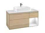 Villeroy und Boch Finion Waschtischunterschrank G171GFPC 120cm, Abdeckplatte white matt, Emotion, Regal rechts Glossy white lacquer, Oak Veneer