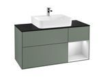 Villeroy und Boch Finion Waschtischunterschrank G172MTGM 120cm, Abdeckplatte black matt, Emotion, Regal rechts White matt lacquer, Olive Matt Lacquer